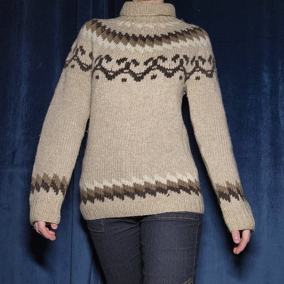 Vintage 90s neutral brown & cream turtleneck isle print chunky knit sweater - Picture 4 of 11